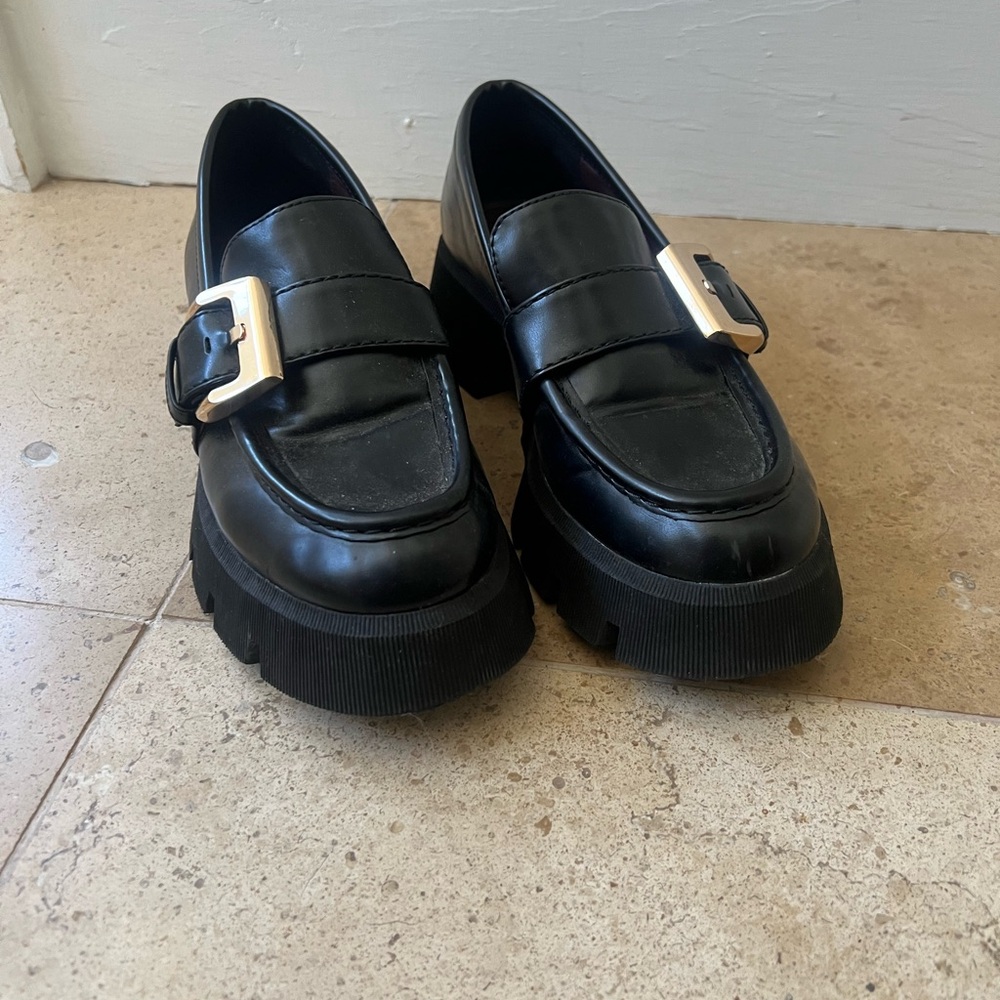 Zara Black Chunky Loafers with Silver Buckle
